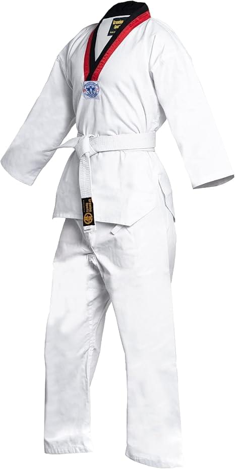 Premium White Taekwondo Dobok Set - Traditional V-Neck with Red/Black Striped Collar - Image 3