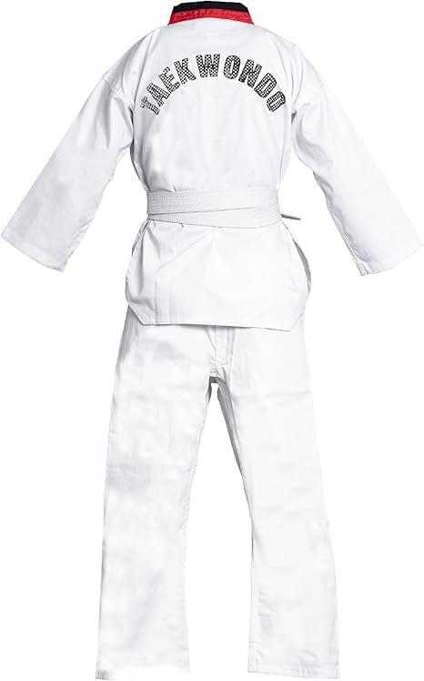 Premium White Taekwondo Dobok Set - Traditional V-Neck with Red/Black Striped Collar - Image 2