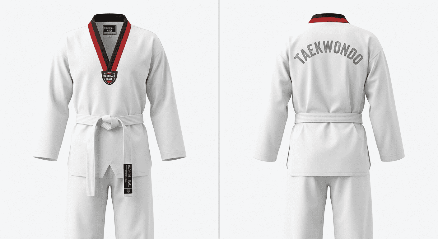 Premium White Taekwondo Dobok Set - Traditional V-Neck with Red/Black Striped Collar - Image 5