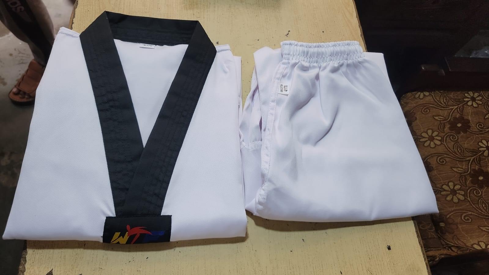 Premium White Taekwondo Dobok Set - Traditional V-Neck with Red/Black Striped Collar - Image 4