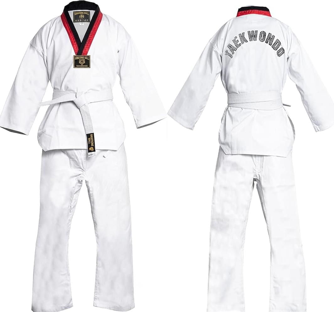 Premium White Taekwondo Dobok Set - Traditional V-Neck with Red/Black Striped Collar